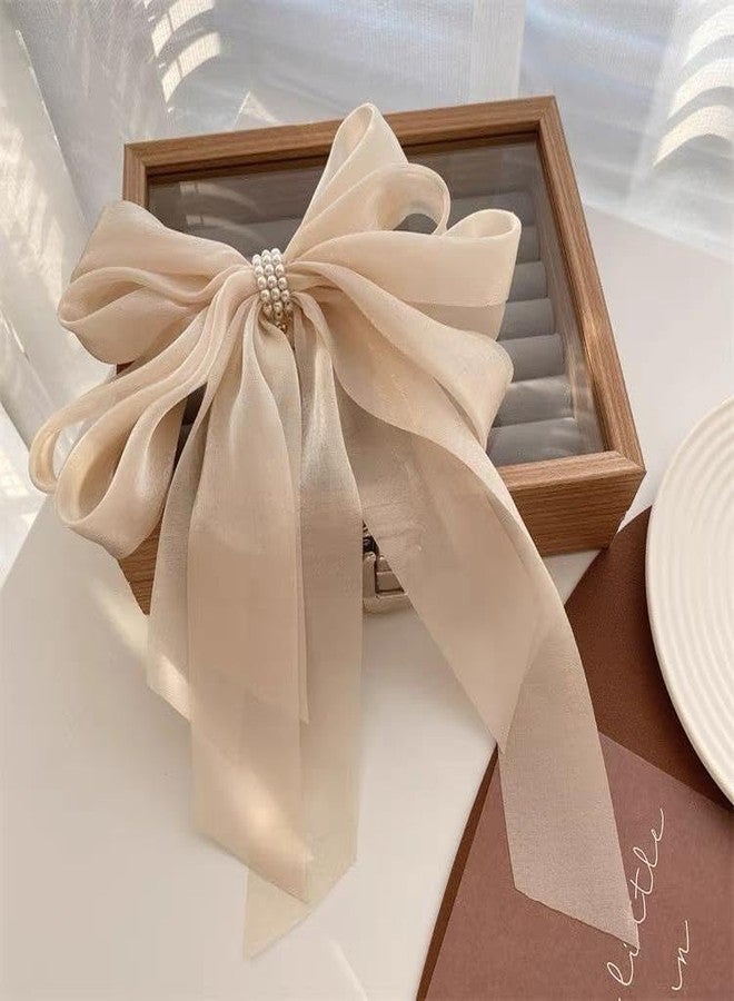 Ziory 1 Pc Satin Silk Multi-Layers Ribbon Peral Bow clip for girls- off white - Image 2