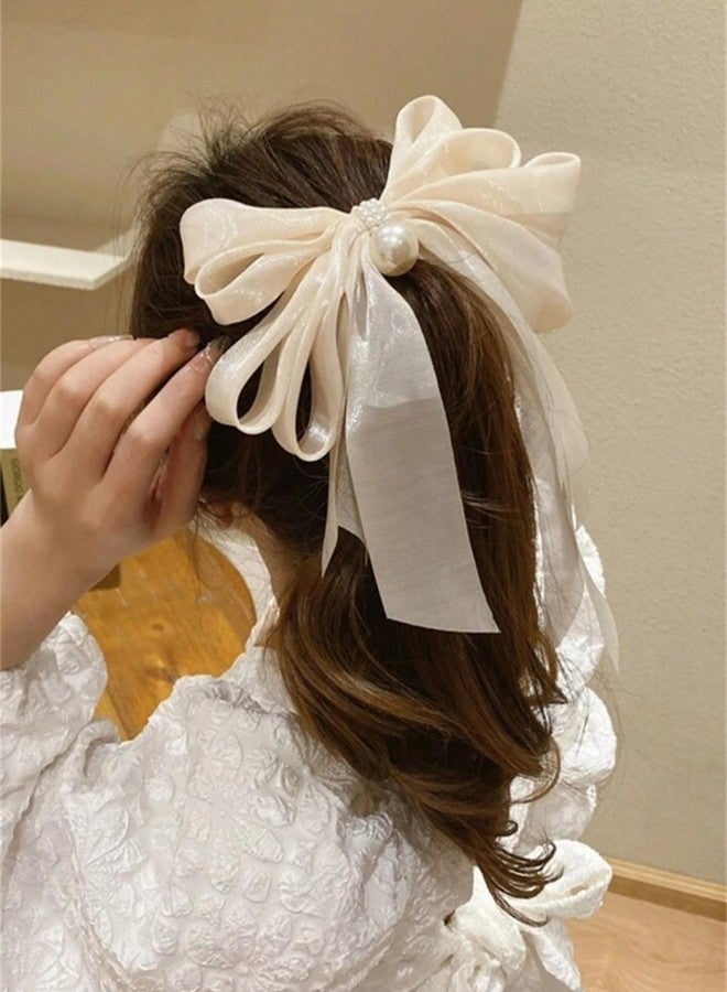 Ziory 1 Pc Satin Silk Multi-Layers Ribbon Peral Bow clip for girls- off white - Image 3