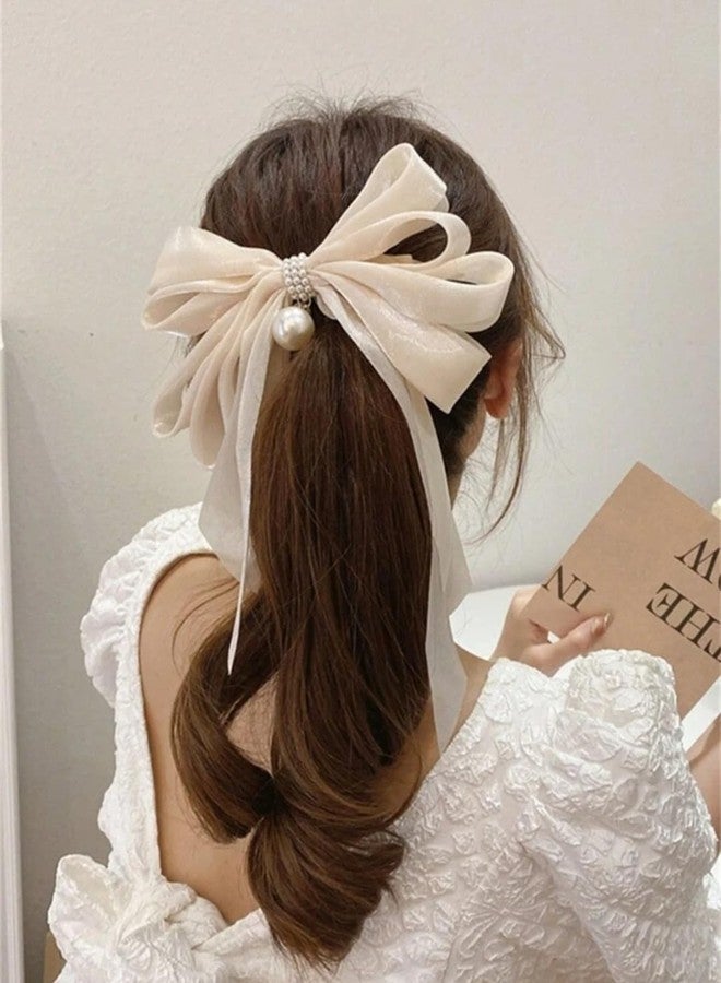 Ziory 1 Pc Satin Silk Multi-Layers Ribbon Peral Bow clip for girls- off white - Image 4