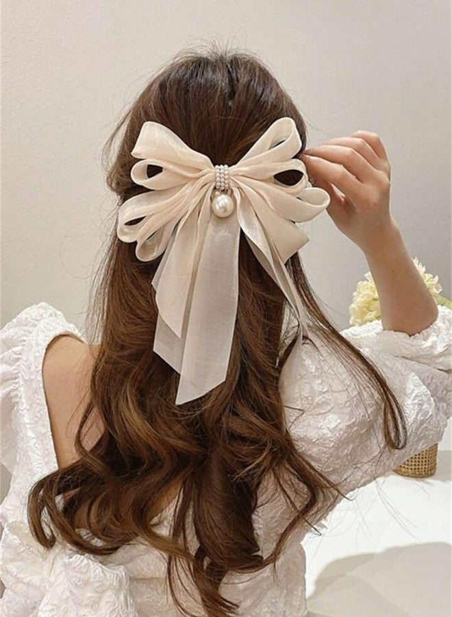 Ziory 1 Pc Satin Silk Multi-Layers Ribbon Peral Bow clip for girls- off white - Image 1