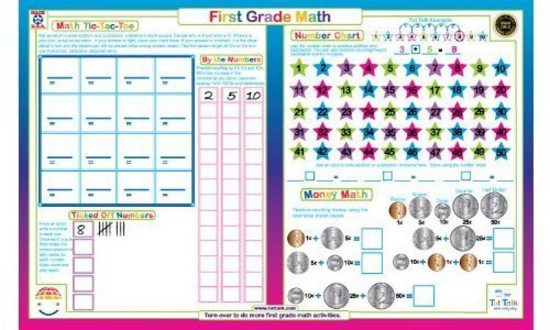 Tot Talk First Grade Math Educational Placemat for Kids – Made in USA – Durable, Double-Sided, Math Placemat with Addition & Subtraction Problems – Waterproof, Wipeable, 17.5” x 11.5” - Image 1
