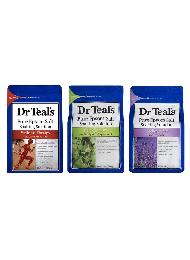 Dr Teal's Dr. Teal's Pure Epsom Salt Soaking Solution Gift Set (3 Pack, 3lbs ea.) - Soothe & Sleep Lavender, Relax & Relief Eucalyptus with Spearmint, Wellness Therapy with Rosemary & Mint - Relaxes The Body  - Image 1