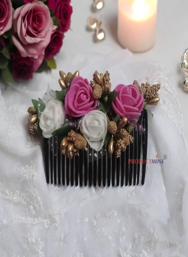 PRODUCTMINE مشط شعر مزين بالزهور من PRODUCTMINE®، إكسسوارات شعر مزينة بالزهور، دبوس شعر مزين بالزهور للنساء والفتيات، دبابيس شعر نسائية لحفلات الزفاف - لون وردي داكن وأبيض صناعي: قطعة واحدة - Image 2