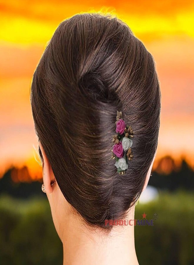 PRODUCTMINE مشط شعر مزين بالزهور من PRODUCTMINE®، إكسسوارات شعر مزينة بالزهور، دبوس شعر مزين بالزهور للنساء والفتيات، دبابيس شعر نسائية لحفلات الزفاف - لون وردي داكن وأبيض صناعي: قطعة واحدة - Image 5