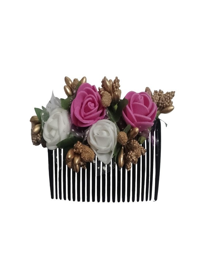 PRODUCTMINE مشط شعر مزين بالزهور من PRODUCTMINE®، إكسسوارات شعر مزينة بالزهور، دبوس شعر مزين بالزهور للنساء والفتيات، دبابيس شعر نسائية لحفلات الزفاف - لون وردي داكن وأبيض صناعي: قطعة واحدة - Image 1