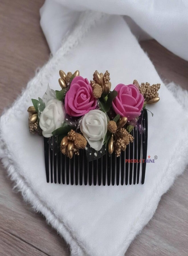 PRODUCTMINE مشط شعر مزين بالزهور من PRODUCTMINE®، إكسسوارات شعر مزينة بالزهور، دبوس شعر مزين بالزهور للنساء والفتيات، دبابيس شعر نسائية لحفلات الزفاف - لون وردي داكن وأبيض صناعي: قطعة واحدة - Image 3