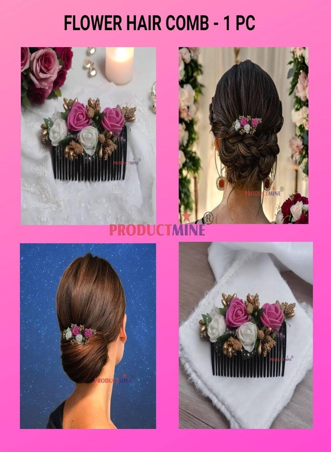 PRODUCTMINE مشط شعر مزين بالزهور من PRODUCTMINE®، إكسسوارات شعر مزينة بالزهور، دبوس شعر مزين بالزهور للنساء والفتيات، دبابيس شعر نسائية لحفلات الزفاف - لون وردي داكن وأبيض صناعي: قطعة واحدة - Image 4
