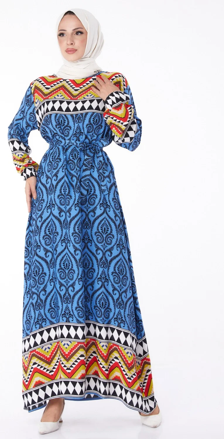Tofisa Plain Crew Neck Women's Blue Patterned Dress - 26233