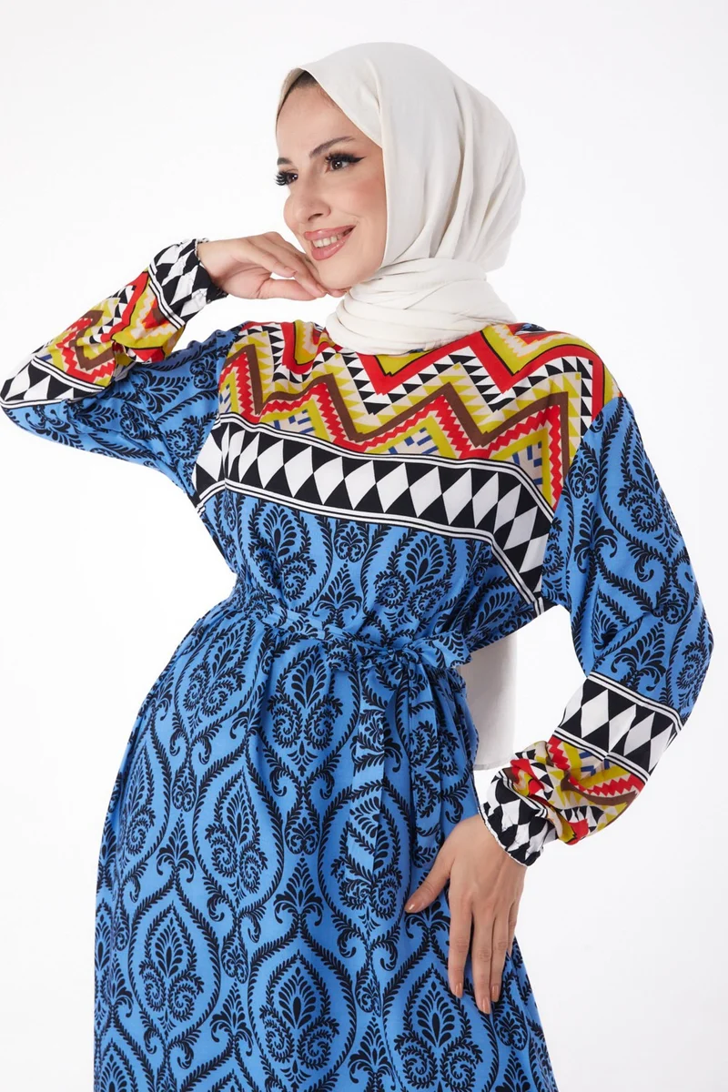 Tofisa Plain Crew Neck Women's Blue Patterned Dress - 26233
