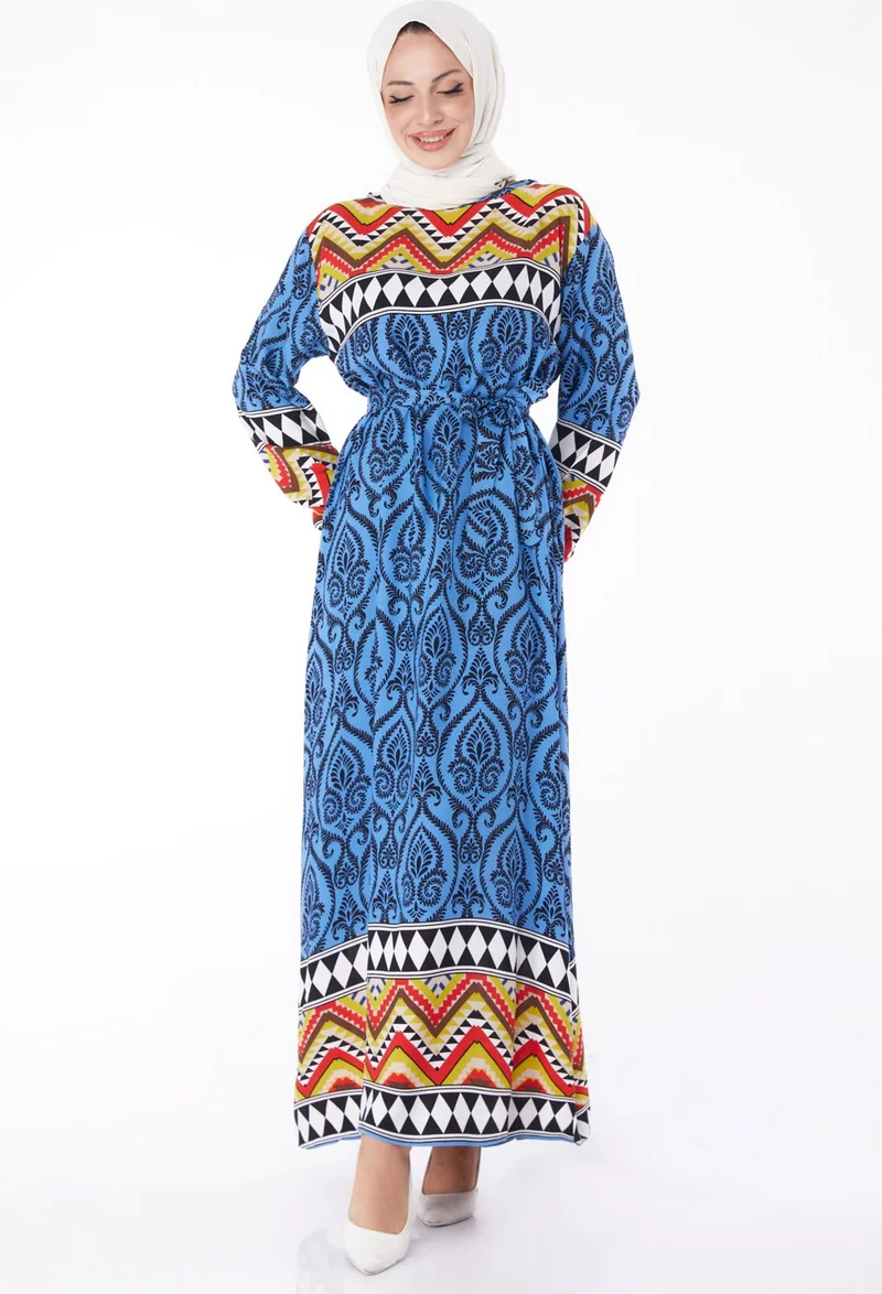 Tofisa Plain Crew Neck Women's Blue Patterned Dress - 26233