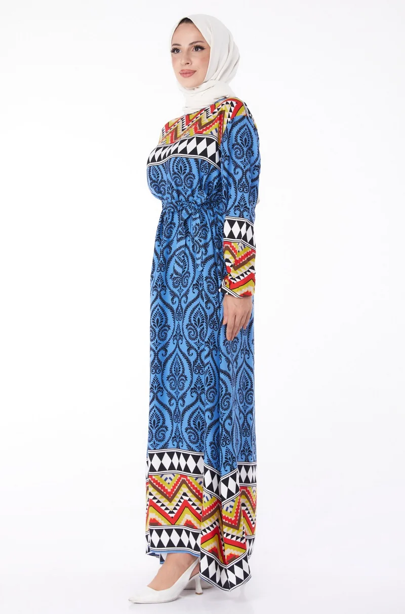 Tofisa Plain Crew Neck Women's Blue Patterned Dress - 26233