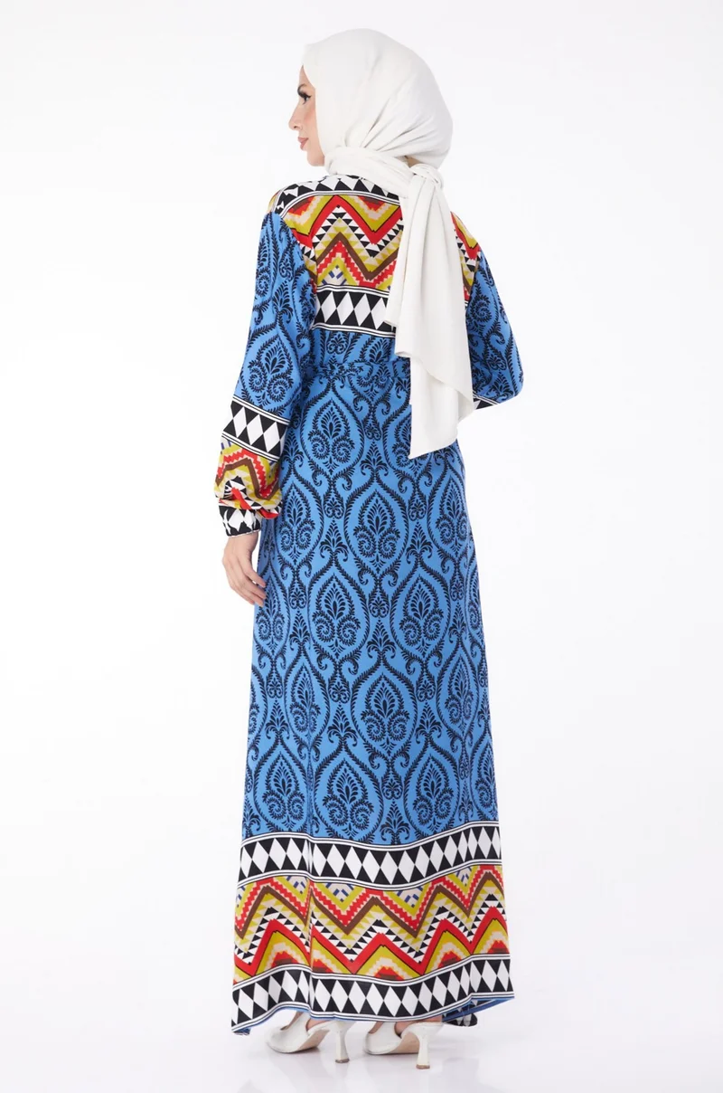 Tofisa Plain Crew Neck Women's Blue Patterned Dress - 26233