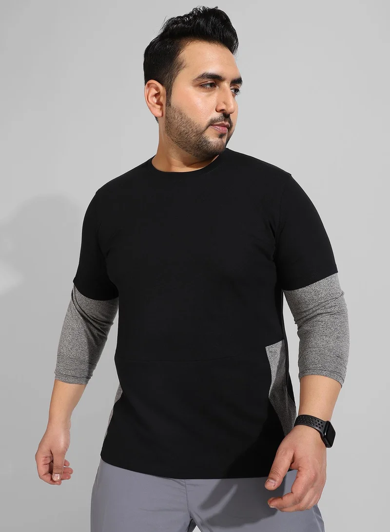 Instafab Plus Men's Black Colourblocked Regular Fit  Casual T-Shirt