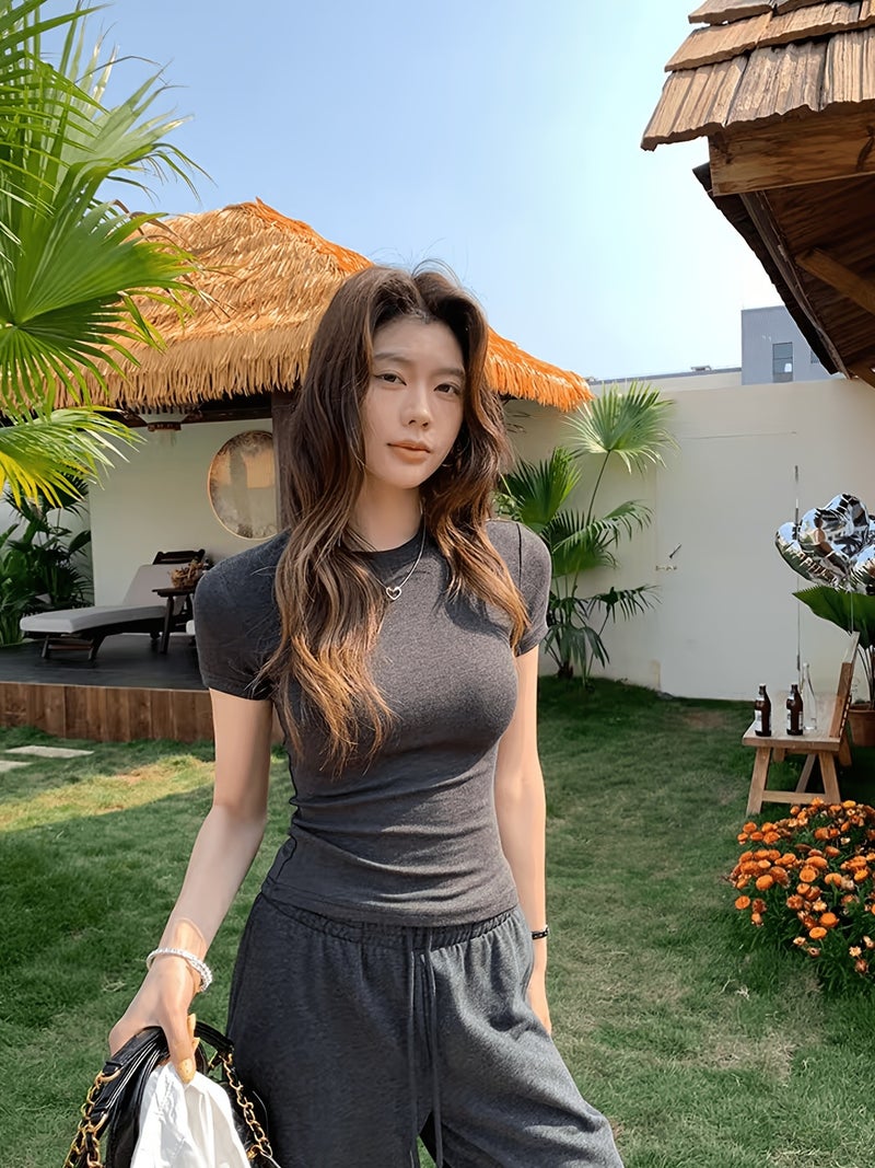 T - Shirt Women'S Short - Sleeved Summer 2026 New Korean High - End Slim Fit Round Neck Top - Ash / XXS - Image 2