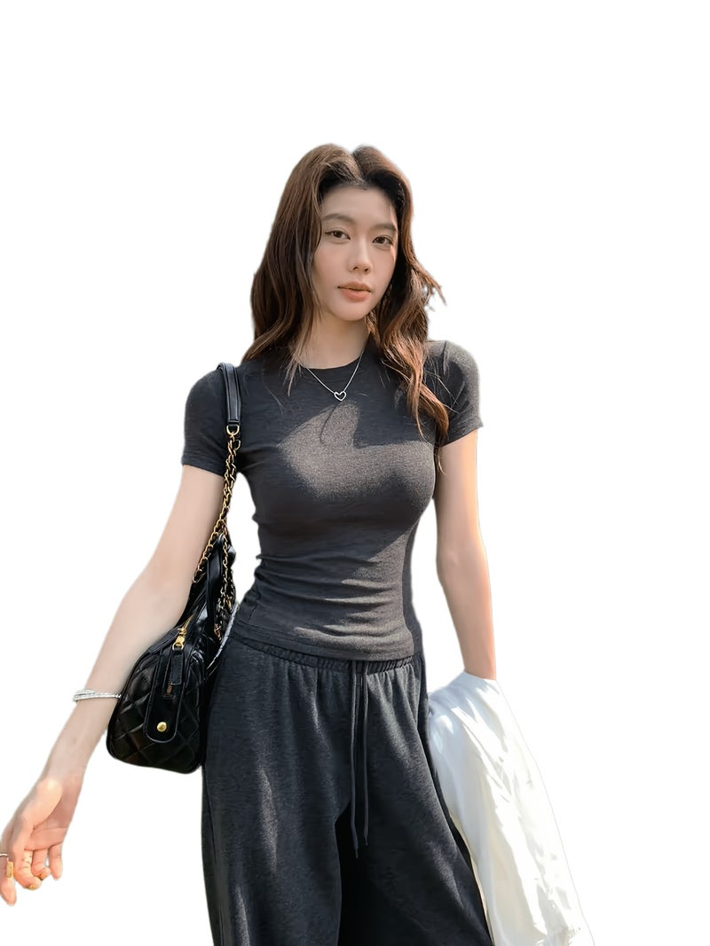 T - Shirt Women'S Short - Sleeved Summer 2026 New Korean High - End Slim Fit Round Neck Top - Ash / XXS - Image 1