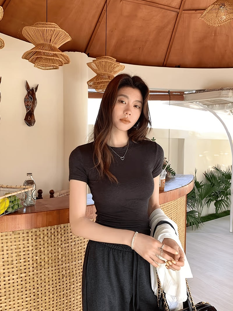T - Shirt Women'S Short - Sleeved Summer 2026 New Korean High - End Slim Fit Round Neck Top - Ash / XXS - Image 4