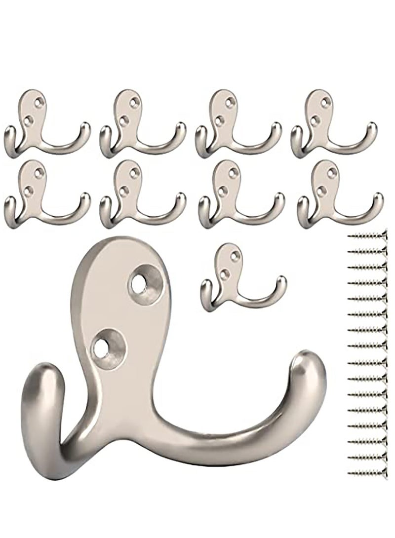SYOSI 10 Pcs Double Prong Coat Hooks Hardware, Silvery Towel Hooks Wall Mounted with 20 Screws, Metal Hooks for Hanging Coats, Towel, Hat, Key, Bag - Image 1