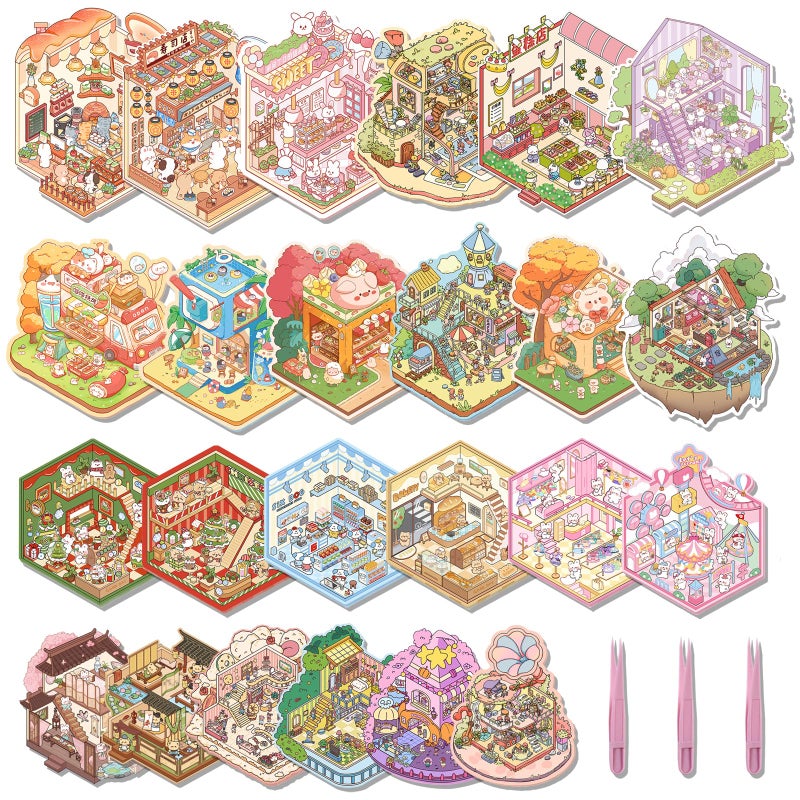 Aifong 24 Sets DIY 3D Sticker Scene Sticker Therapy Cute Cartoon Stickers Scene Make Your Own Scenes Miniature Room for Relief Stress - Image 2