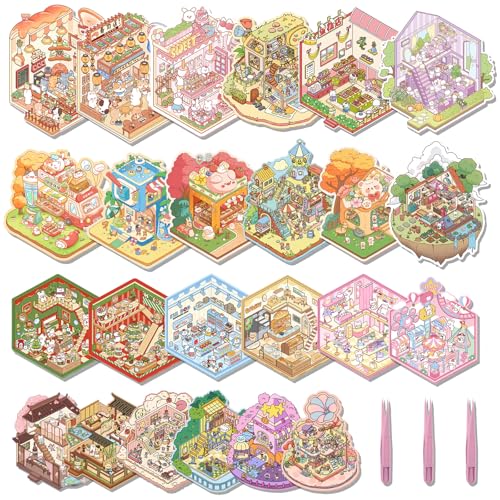 Aifong 24 Sets DIY 3D Sticker Scene Sticker Therapy Cute Cartoon Stickers Scene Make Your Own Scenes Miniature Room for Relief Stress - Image 1