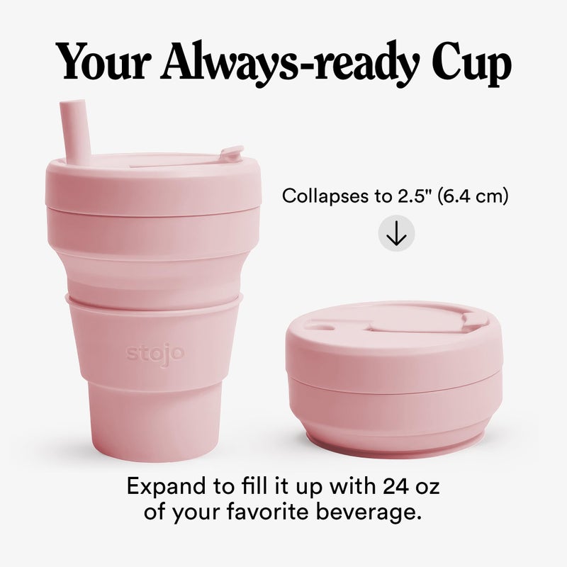 Stojo STOJO Titan Collapsible Travel Cup With Straw - Carnation Pink, 24oz / 710ml - Reusable To-Go Pocket Size Silicone Cup for Hot & Cold Drinks - Camping and Hiking - Microwave & Dishwasher Safe  - Image 2