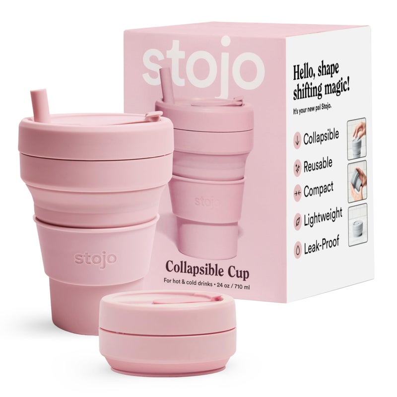 Stojo STOJO Titan Collapsible Travel Cup With Straw - Carnation Pink, 24oz / 710ml - Reusable To-Go Pocket Size Silicone Cup for Hot & Cold Drinks - Camping and Hiking - Microwave & Dishwasher Safe  - Image 1