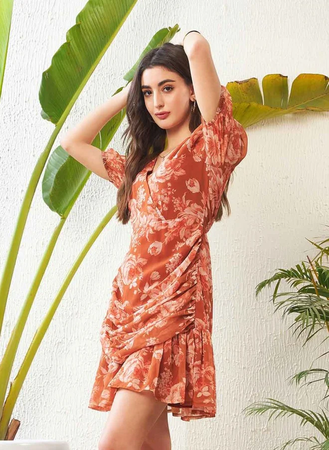 SASSAFRAS Floral Printed Georgette Fit & Flare Mini Dress for Women