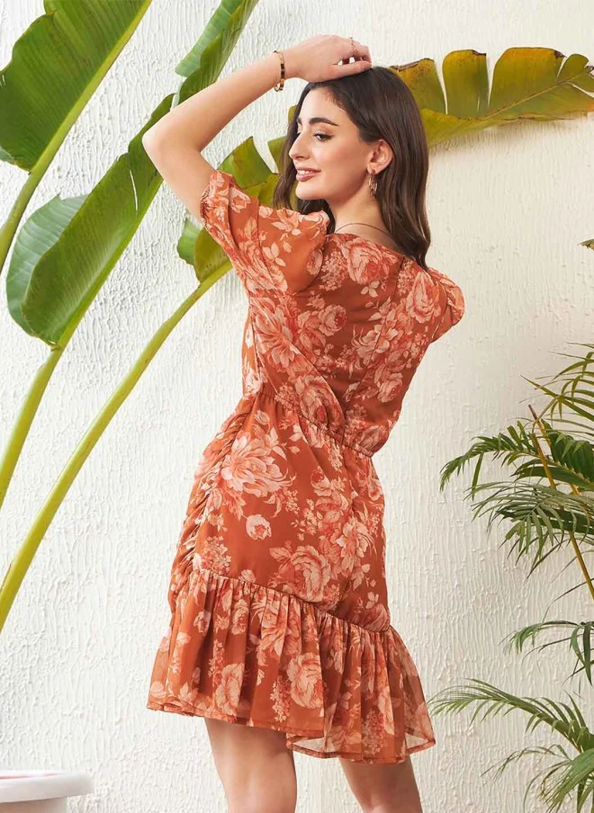 SASSAFRAS Floral Printed Georgette Fit & Flare Mini Dress for Women