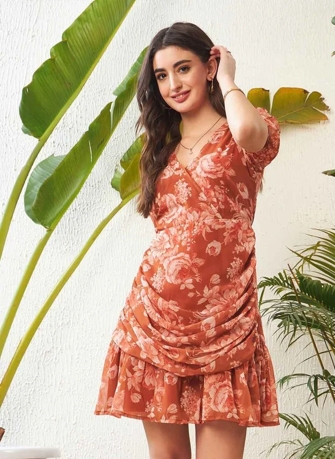 SASSAFRAS Floral Printed Georgette Fit & Flare Mini Dress for Women