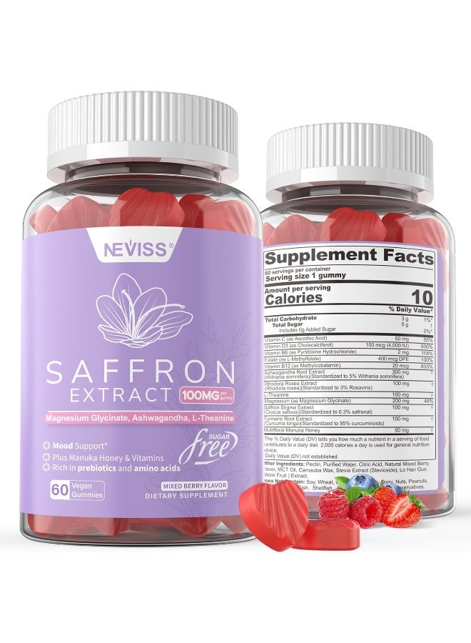NEVISS Sugar Free Saffron Gummies - Saffron Supplement Gummies 100% Pure Saffron Extract Whole Herb Gummies with Honey for Mood & Power, Vitamin B6, B12, D3, C - Organic, Vegan, Mixed Berry Flavor - 120Cts - Image 1