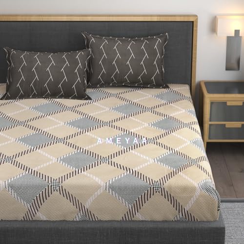 AMEYAA 320 TC Cotton Feel All Around Elastic Fitted Queen Size Bedsheets, Supersoft Elastic Fitted Double Bedsheet with 2 Pillow Covers, Size 60x78x8 Inches - Image 1