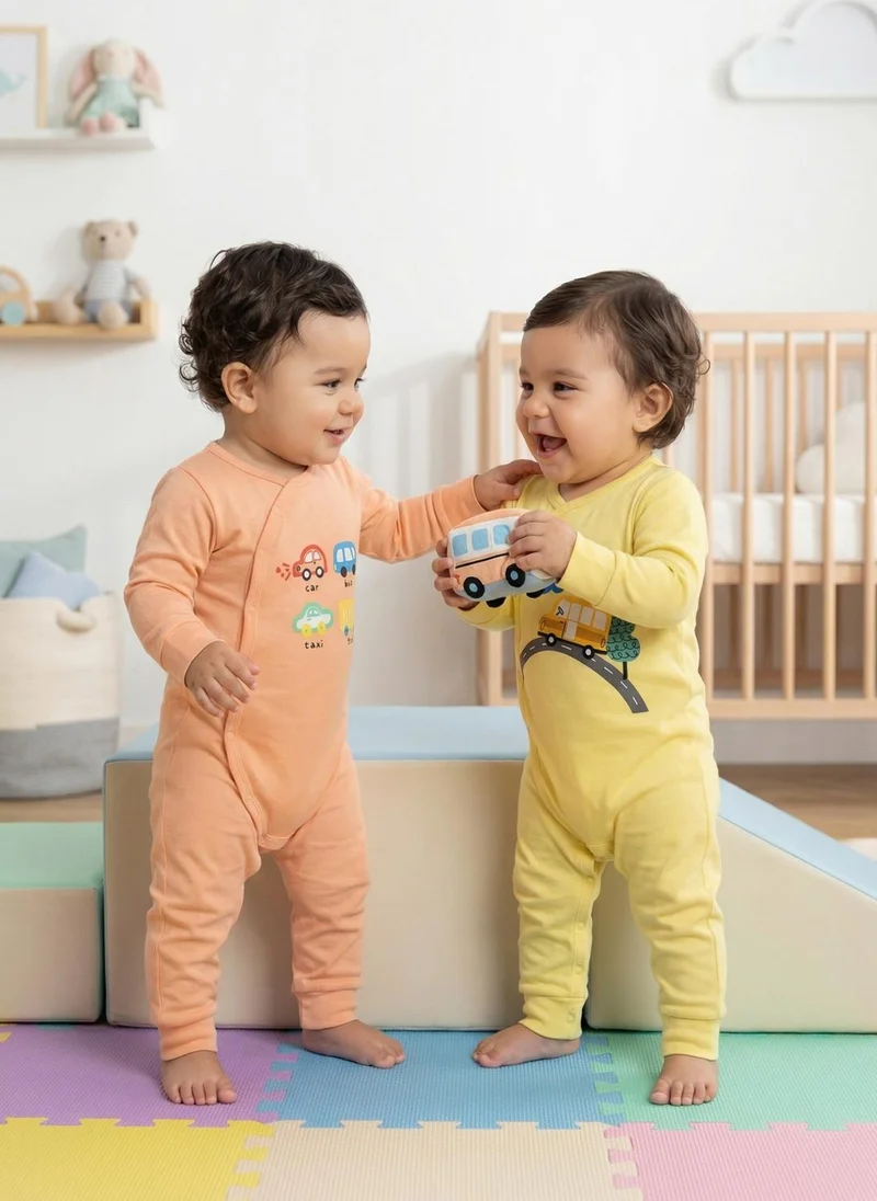 نوتيناتي Nautinati Baby Boys' 100% Cotton Pack of 2 Vehicle Placement Print Sleepsuits