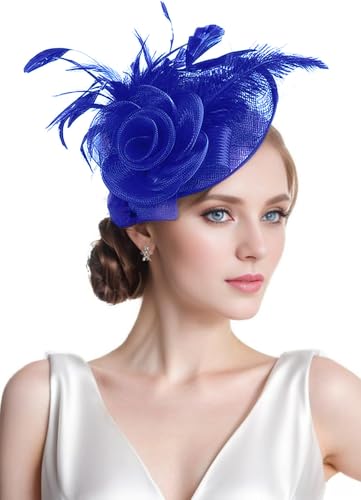 ZX Z&X Sinamay Fascinator Pillbox Hats for Women Feather Flower Church Derby Headband Clip Wedding Tea Party Hat Royal Blue - Image 1
