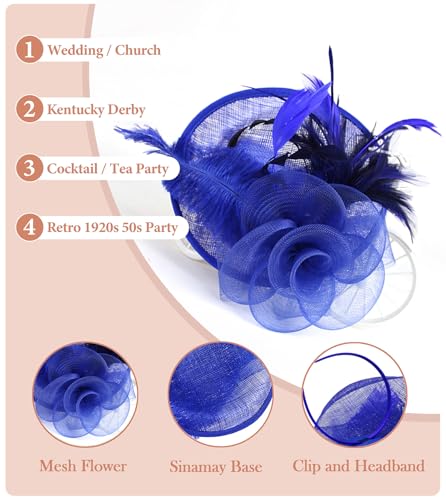 ZX Z&X Sinamay Fascinator Pillbox Hats for Women Feather Flower Church Derby Headband Clip Wedding Tea Party Hat Royal Blue - Image 3