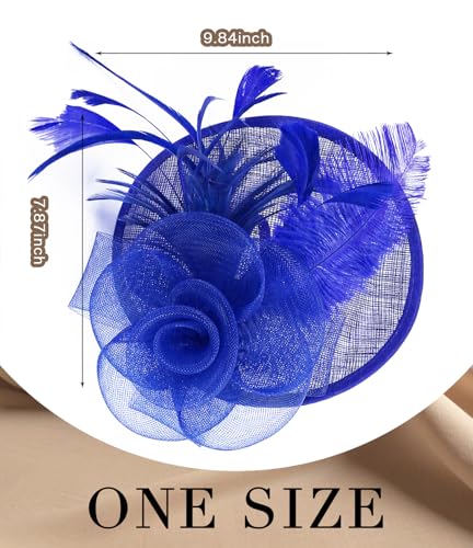ZX Z&X Sinamay Fascinator Pillbox Hats for Women Feather Flower Church Derby Headband Clip Wedding Tea Party Hat Royal Blue - Image 4