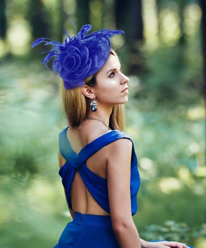 ZX Z&X Sinamay Fascinator Pillbox Hats for Women Feather Flower Church Derby Headband Clip Wedding Tea Party Hat Royal Blue - Image 2