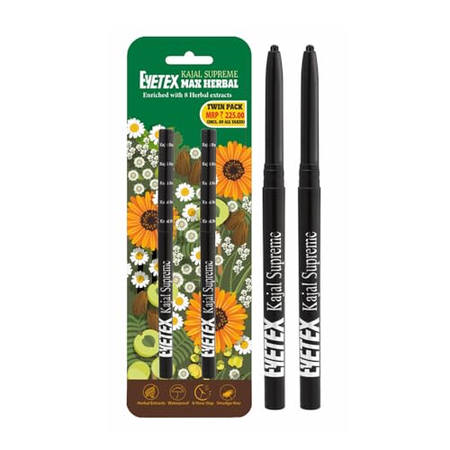 Eyetex Kajal Supreme Twin Max Herbal, 0.7g, Matte Black, Water-resistant, Up to 8-hrs Stay, Irritation-free, With Natural Extracts & Oils - Image 1