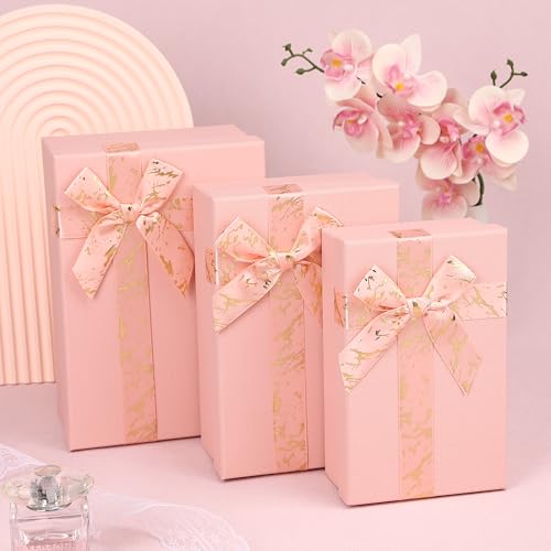 HOME ELEMENTS 3 Pcs Set of Luxury Gift Box Set With Bow, Bridesmaid Box, Decorative Present Boxes for Diwali Christmas Wedding Birthdays Special Occasions Gift Hampers (Pink) - Image 1