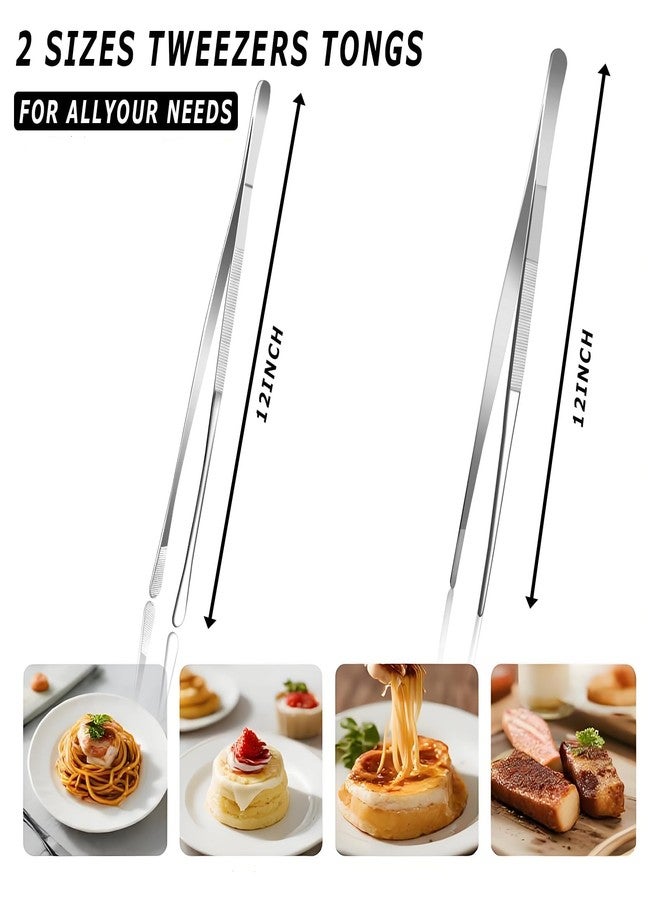 Pinovk Kitchen Tweezers Tongs, Cooking Tweezers Stainless Steel - 12-inch Ideal for Grilling Meat, BBQ, Pasta, Plating, and Pinching Delicate Small Pieces of Food, Set of 2 - Image 2