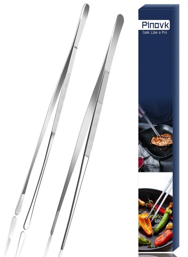 Pinovk Kitchen Tweezers Tongs, Cooking Tweezers Stainless Steel - 12-inch Ideal for Grilling Meat, BBQ, Pasta, Plating, and Pinching Delicate Small Pieces of Food, Set of 2 - Image 1