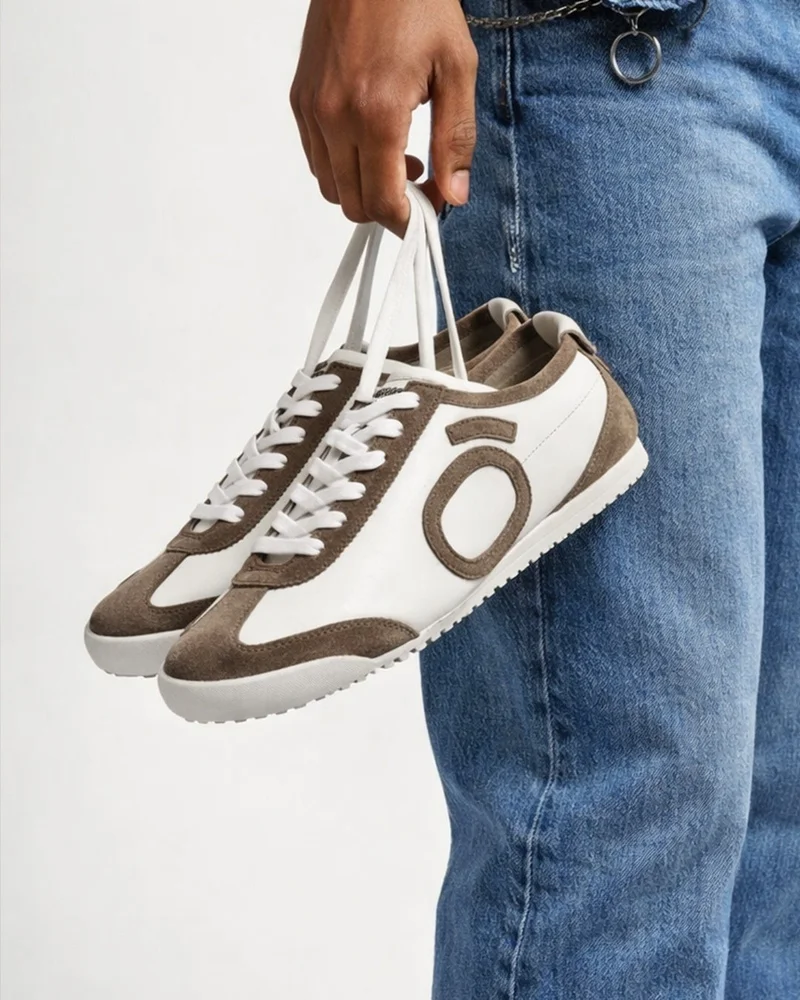 بيواكوف Men's White & Brown Dune Color Block Suede Leather Low-Top Sneakers