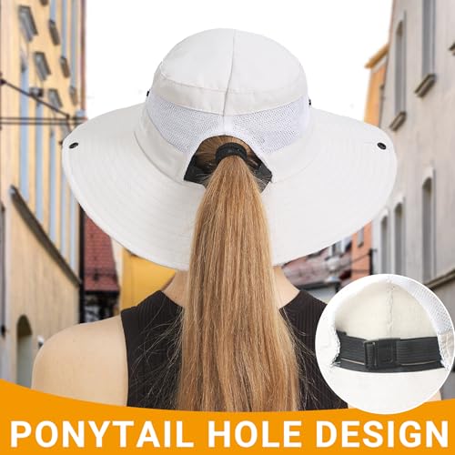 PFFY Sun Bucket Hats for Women Men UV Protection Wide Brim Fishing Hat Beach Outdoor Essentials Beige (Ponytail) - Image 3