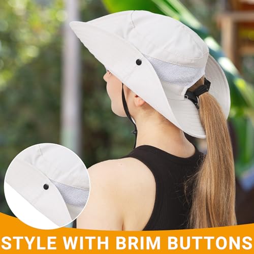 PFFY Sun Bucket Hats for Women Men UV Protection Wide Brim Fishing Hat Beach Outdoor Essentials Beige (Ponytail) - Image 4