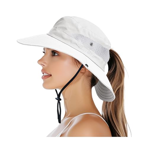 PFFY Sun Bucket Hats for Women Men UV Protection Wide Brim Fishing Hat Beach Outdoor Essentials Beige (Ponytail) - Image 1
