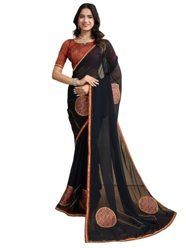 Satrani Women's Georgette Stone work Printed Embellished Saree with Unstitched Blouse Piece (4292S921N_Black1) - Image 1