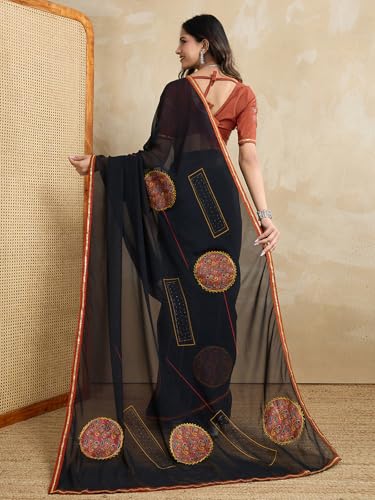 Satrani Women's Georgette Stone work Printed Embellished Saree with Unstitched Blouse Piece (4292S921N_Black1) - Image 2