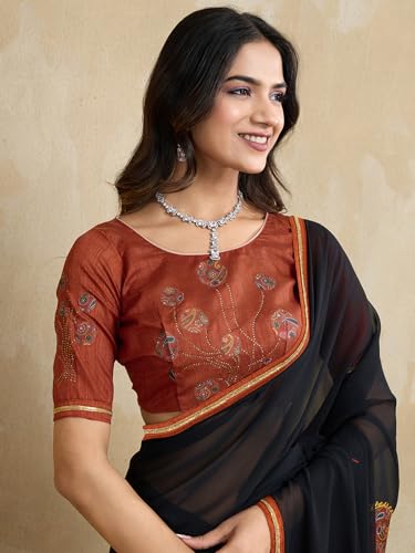 Satrani Women's Georgette Stone work Printed Embellished Saree with Unstitched Blouse Piece (4292S921N_Black1) - Image 4
