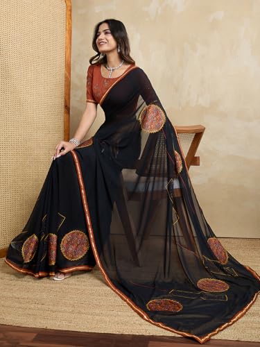 Satrani Women's Georgette Stone work Printed Embellished Saree with Unstitched Blouse Piece (4292S921N_Black1) - Image 3