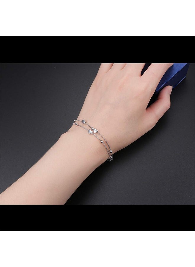 DAOCHONG S925 Sterling Silver Jewelry Forever Love Heart Beads Double Chain Bracelet Friendship Adjustable Charm Bracelet Gift For Women  - Image 2