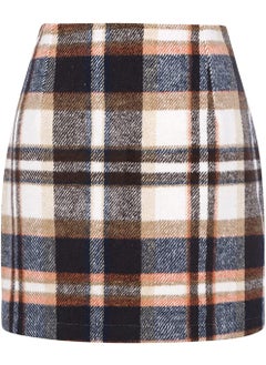 High-Waist Plaid Wool Pencil Mini Skirt brown lattice