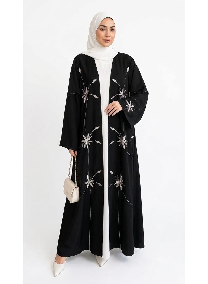 Crystal Work Open Abaya with White Crystal Floral Embroidery, Open Front Fit - Image 1